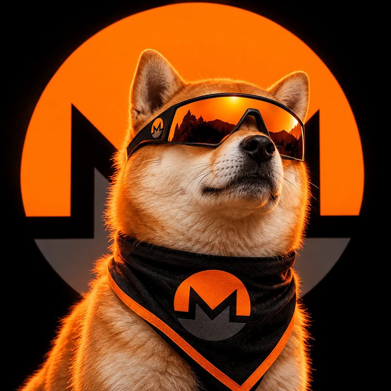 A Shiba Inu wearing orange mirrored wraparound sunglasses and a black bandana printed with the Monero logo, chin raised, lit from behind by a large orange Monero M.